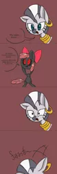 Size: 1280x3843 | Tagged: apple bloom, artist:voids-edge, bad end, decapitated, derpibooru import, detached head, disembodied head, faint, red background, red eyes, safe, severed head, simple background, story of the blanks, undead, zebra, zecora, zombie