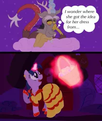 Size: 1675x1994 | Tagged: safe, artist:cartuneslover16, derpibooru import, discord, twilight sparkle, fanfic, beauty and the beast, clothes, discolight, dress, female, male, shipping, story included, straight