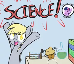 Size: 3000x2569 | Tagged: safe, artist:adamscage, derpibooru import, derpy hooves, twilight sparkle, pegasus, pony, book, cane, cute, female, flask, happy, hat, high res, hooves in air, looking at you, mare, muffin, open mouth, science, smiling, solo, that pony sure does love science, top hat, vial, wat