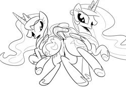 Size: 910x630 | Tagged: artist:tess, butt bump, butt to butt, butt touch, derpibooru import, monochrome, moonbutt, plot, princess celestia, princess luna, safe, sisters, sunbutt