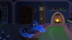 Size: 2560x1440 | Tagged: artist:regolithx, book, clock, derpibooru import, fire, fireplace, musical instrument, night, piano, princess luna, safe, solo