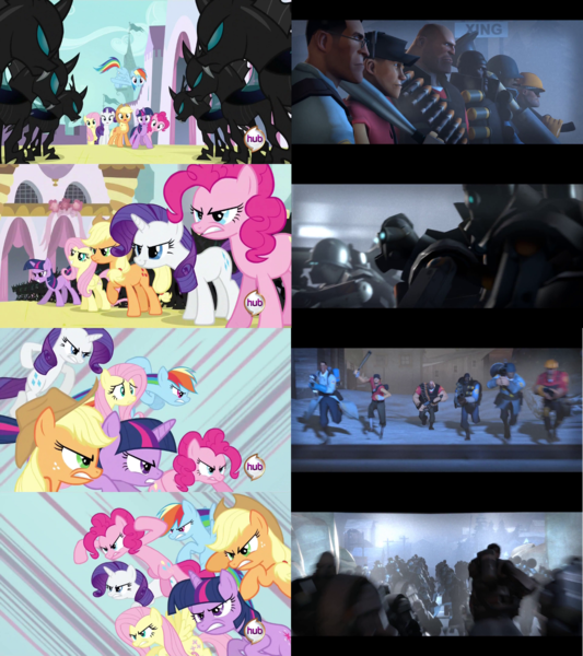 Size: 1268x1428 | Tagged: a canterlot wedding, applejack, changeling, derpibooru import, disguise, disguised changeling, edit, edited screencap, fluttershy, hub logo, mane six, pinkie pie, rainbow dash, rarity, safe, screencap, team fortress 2, twilight sparkle