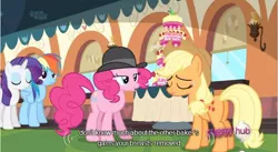 Size: 642x351 | Tagged: applejack, derpibooru import, hub logo, mmmystery on the friendship express, pinkie pie, safe, screencap, youtube caption