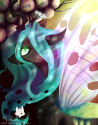 Size: 428x546 | Tagged: safe, artist:phyllah, derpibooru import, queen chrysalis, changeling, changeling queen, changeling egg, deviantart link, fangs, female, female focus, image, looking at you, png, profile, signature, slit eyes, solo focus
