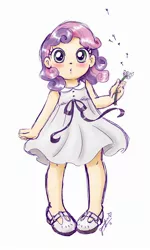 Size: 1336x2228 | Tagged: safe, artist:chibi-jen-hen, derpibooru import, sweetie belle, human, blushing, clothes, cute, diasweetes, dress, flower, humanized, image, jpeg, mary janes