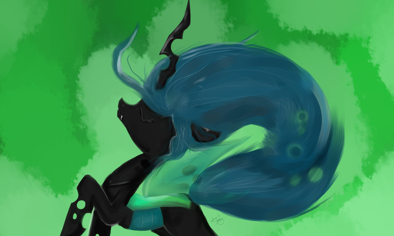 Size: 2000x1200 | Tagged: safe, artist:strabarybrick, derpibooru import, queen chrysalis, changeling, changeling queen, abstract background, eyes closed, fangs, female, image, png, raised hoof, signature, solo, standing