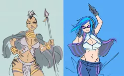 Size: 1368x844 | Tagged: armpits, artist:maniacpaint, breasts, busty vinyl scratch, busty zecora, cloak, clothes, derpibooru import, female, females only, human, humanized, spear, suggestive, vinyl scratch, weapon, zecora