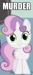 Size: 186x418 | Tagged: c:, derpibooru import, dissonant caption, head tilt, image macro, looking at you, murder, one word, safe, smiling, solo, sweetie belle, text
