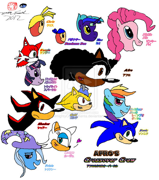 Size: 900x1021 | Tagged: artist:kentadavidofkt, crossover, dead source, derpibooru import, japanese, kirby, non-mlp oc, oc, oc:afro the hedgehog, oc:chris, oc:gold the hedgehog, oc:kenzie the fox, oc:neo, pinkie pie, rainbow dash, rouge the bat, safe, shadow the hedgehog, sonic the hedgehog, sonic the hedgehog (series), trixie, twilight sparkle, waddle dee, watermark