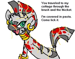 Size: 357x278 | Tagged: artist:echidnajoe, artist:vinny van yiffy, derpibooru import, dialogue, ear piercing, earring, female, jewelry, pasta, piercing, quadrupedal, safe, simple background, solo, spaghetti, text, wat, white background, zebra, zecora