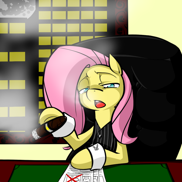 Size: 1000x1000 | Tagged: artist:graphic-lee, ask flutterdon, badass, cigar, clothes, derpibooru import, flutterdon, fluttershy, parody, safe, smoking, table