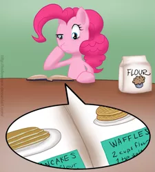 Size: 967x1074 | Tagged: artist:hollowzero, book, derpibooru import, flour, newbie artist training grounds, pancakes, pinkie pie, safe, waffle