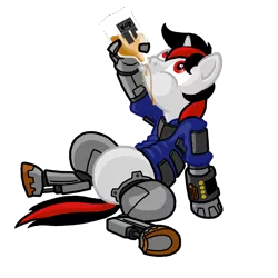 Size: 760x760 | Tagged: safe, artist:kalemon, derpibooru import, oc, oc:blackjack, unofficial characters only, cyborg, pony, unicorn, fallout equestria, fallout equestria: project horizons, fanfic, alcohol, bottle, clothes, cyber legs, drink, drinking, fanfic art, female, hooves, horn, mare, pipbuck, queen whiskey, security armor, simple background, sitting, solo, transparent background, vault suit, whiskey