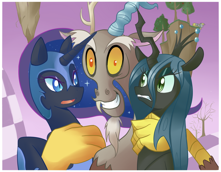 Size: 1050x816 | Tagged: safe, artist:sallymon, derpibooru import, derpy hooves, discord, nightmare moon, queen chrysalis, changeling, changeling queen, pegasus, pony, female, mare