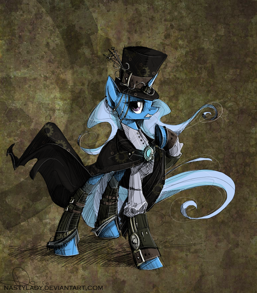 Size: 800x910 | Tagged: safe, artist:nastylady, derpibooru import, trixie, pony, unicorn, abstract background, cloak, clothes, female, hat, mare, raised hoof, solo, steampunk, top hat