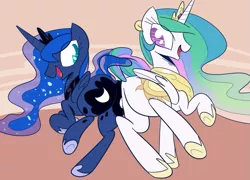 Size: 875x630 | Tagged: safe, artist:tess, derpibooru import, princess celestia, princess luna, alicorn, pony, butt bump, butt to butt, butt touch, duo, duo female, female, moonbutt, plot, sisters, sunbutt