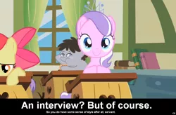 Size: 1024x672 | Tagged: safe, derpibooru import, edit, edited screencap, screencap, apple bloom, diamond tiara, truffle shuffle, earth pony, pony, comic:celestia's servant interview, book, caption, colt, filly, foal, interview, meta, ponyville schoolhouse, school, tiara