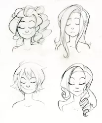 Size: 600x724 | Tagged: bare shoulder portrait, bust, dead source, derpibooru import, eyes closed, fluttershy, humanized, pinkie pie, rainbow dash, rarity, safe, sketch, traditional art