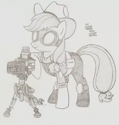 Size: 1115x1176 | Tagged: applejack, artist:creamygravy, cosplay, crossover, derpibooru import, engineer, monochrome, safe, solo, team fortress 2, traditional art, turret