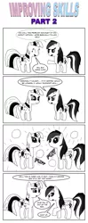 Size: 793x1997 | Tagged: safe, artist:bcrich40, derpibooru import, rainbow dash, twilight sparkle, pegasus, pony, unicorn, comic:improving skills, comic, dialogue, female, improving skills, mare, monochrome, simple background, unicorn twilight, white background