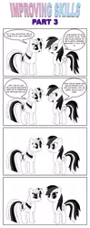 Size: 793x2001 | Tagged: safe, artist:bcrich40, derpibooru import, rainbow dash, twilight sparkle, pegasus, pony, unicorn, comic:improving skills, breaking the fourth wall, comic, dialogue, female, fourth wall, improving skills, mare, monochrome, simple background, unicorn twilight, white background