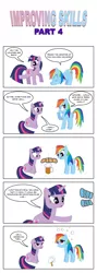 Size: 793x2224 | Tagged: safe, artist:bcrich40, derpibooru import, rainbow dash, twilight sparkle, pegasus, pony, unicorn, comic:improving skills, alcohol, cider, comic, dialogue, drunk, drunk bubbles, drunker dash, duo, female, improving skills, mare, mug, simple background, sitting, unamused, unicorn twilight, white background