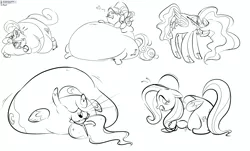 Size: 2000x1205 | Tagged: artist:ross irving, cherry jubilee, derpibooru import, fat, fattershy, fluttershy, hoity toity, impossibly large butt, morbidly obese, princess celestia, princess luna, safe, sketch