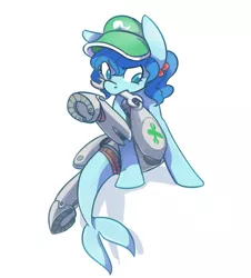 Size: 636x704 | Tagged: dead source, safe, artist:modern-warmare, derpibooru import, ponified, cyborg, hippocampus, merpony, pony, sea pony, augmented, female, image, kawashiro nitori, mare, mouth hold, png, prosthetic leg, prosthetic limb, prosthetics, simple background, solo, touhou, white background, wrench