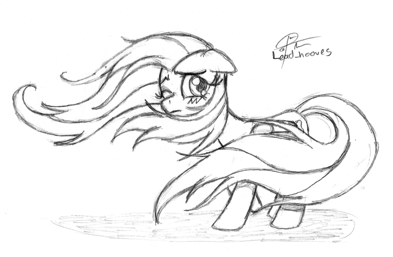 Size: 1796x1176 | Tagged: safe, artist:leadhooves, derpibooru import, fluttershy, pegasus, pony, female, floppy ears, folded wings, looking at you, looking back, looking back at you, mare, monochrome, one eye closed, pencil drawing, solo, standing, teary eyes, traditional art, windswept mane, wings