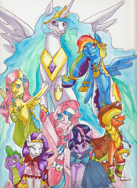 Size: 2550x3501 | Tagged: applejack, artist:asterdog, clothes, derpibooru import, dress, fluttershy, gala dress, high res, mane seven, mane six, pinkie pie, princess celestia, rainbow dash, rarity, safe, spike, traditional art, twilight sparkle