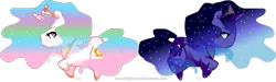 Size: 981x294 | Tagged: dead source, safe, artist:conphettey, derpibooru import, princess celestia, princess luna, alicorn, pony, chibi, ethereal mane, female, mare, simple background, starry mane, transparent background