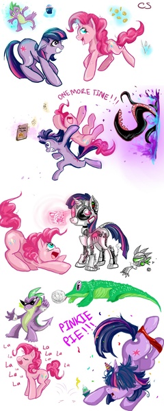 Size: 1000x2500 | Tagged: safe, artist:cruelseptember, derpibooru import, gummy, pinkie pie, spike, twilight sparkle, robot, unicorn, book, comic, confetti, cupcake, female, food, hologram, magic, mare, portal, shenanigans, sketch dump, tentacles