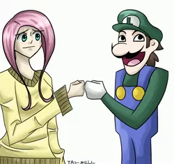 Size: 3000x2820 | Tagged: artist:tao-mell, awesome face, brofist, clothes, crossover, derpibooru import, fluttershy, high res, humanized, luigi, safe, super mario bros., sweater, sweatershy, weegee