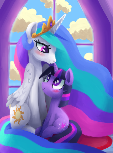 Size: 1700x2300 | Tagged: safe, artist:verrmont, derpibooru import, princess celestia, twilight sparkle, alicorn, pony, unicorn, blushing, duo, female, mare, sitting, student, teacher, window