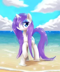 Size: 2500x3000 | Tagged: safe, artist:verrmont, derpibooru import, rarity, pony, unicorn, beach, hawaii, high res, one hoof raised, solo, wet, wet mane, wet mane rarity