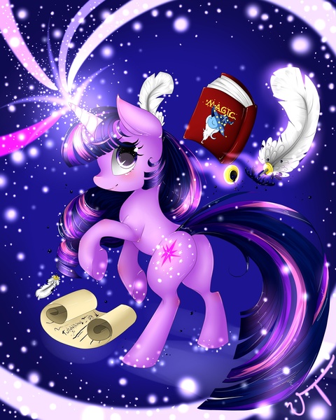 Size: 4000x5000 | Tagged: safe, artist:vardastouch, derpibooru import, twilight sparkle, pony, unicorn, book, female, ink, magic, mare, quill, rearing, scroll, solo, telekinesis, unicorn twilight