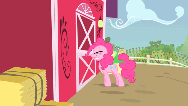 Size: 640x360 | Tagged: safe, artist:faithbringer, derpibooru import, screencap, gummy, pinkie pie, earth pony, pony, party of one, animated, boop, eyes closed, female, gritted teeth, headbutt, knocking, mare, pinkie being pinkie, riding, solo