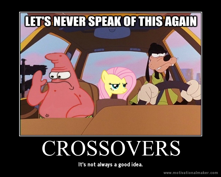 Size: 750x600 | Tagged: a goofy movie, crossover, demotivational poster, derpibooru import, fluttershy, goofy, meme, patrick star, safe, spongebob squarepants, valentine's day (spongebob episode)