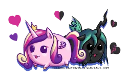 Size: 731x443 | Tagged: safe, artist:fourdollarponys, derpibooru import, princess cadance, queen chrysalis, alicorn, changeling, changeling queen, pony, blob, chubbie, deviantart link, duo, female, heart, image, mare, png, simple background, transparent background