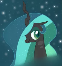 Size: 615x650 | Tagged: safe, artist:hip-indeed, derpibooru import, queen chrysalis, changeling, changeling queen, :3, alternate hairstyle, bust, female, image, lidded eyes, png, portrait, slit eyes, smiling, solo, stars