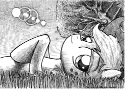 Size: 4896x3512 | Tagged: applejack, artist:smellslikebeer, black and white, crosshatch, derpibooru import, grass, grayscale, ink, looking at you, lying down, monochrome, on back, safe, traditional art