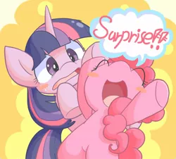 Size: 1102x998 | Tagged: safe, artist:nyankamedon, derpibooru import, pinkie pie, twilight sparkle, pony, blush sticker, blushing, cute, dialogue, diapinkes, duo, one word, open mouth, pixiv, speech bubble, twiabetes