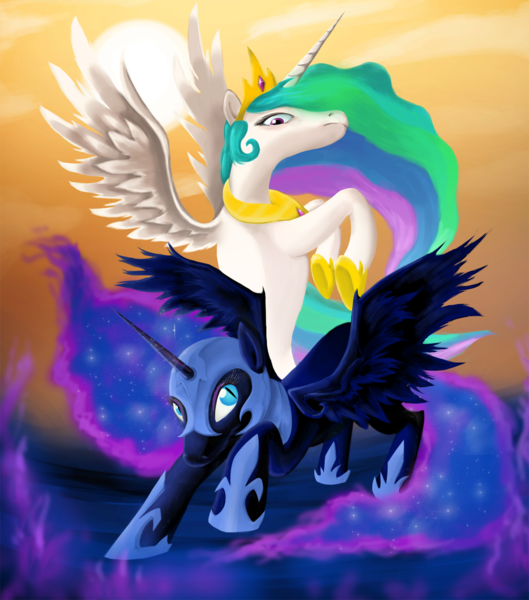 Size: 1200x1360 | Tagged: safe, artist:macflash2, derpibooru import, nightmare moon, princess celestia, alicorn, armor, image, jewelry, looking at each other, png, regalia, slit eyes, spread wings, white sclera, wings