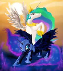 Size: 1200x1360 | Tagged: safe, artist:macflash2, derpibooru import, nightmare moon, princess celestia, alicorn, armor, image, jewelry, looking at each other, png, regalia, slit eyes, spread wings, white sclera, wings