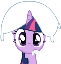 Size: 3364x3538 | Tagged: safe, artist:dentist73548, derpibooru import, twilight sparkle, pony, unicorn, look before you sleep, cute, feather, female, frown, high res, looking at you, mare, mouth hold, pillow, pillow hat, simple background, solo, surprised, transparent background, vector, wide eyes