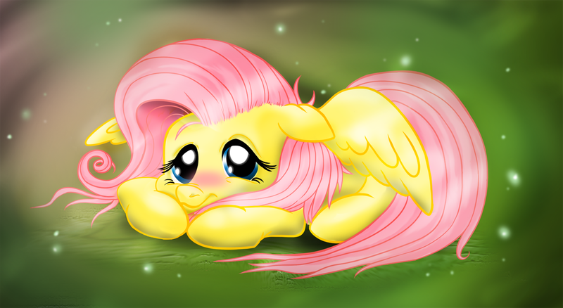 Size: 1500x821 | Tagged: safe, artist:macflash2, derpibooru import, fluttershy, pegasus, pony, female, mare, prone, solo