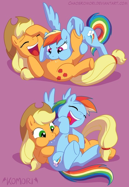 Size: 600x872 | Tagged: safe, artist:chaoskomori, derpibooru import, applejack, rainbow dash, appledash, belly buzz, female, hoof tickling, hooves, lesbian, raspberry, shipping, tickle fight, tickling, ticklish tummy, tummy buzz