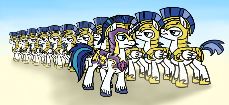 Size: 4300x1985 | Tagged: safe, artist:wolframclaws, derpibooru import, shining armor, pegasus, pony, unicorn, armor, captain shining armor, gradient background, helmet, hoof shoes, inspection, line-up, male, royal guard, stallion