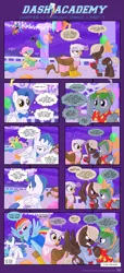 Size: 1041x2288 | Tagged: safe, artist:sorcerushorserus, derpibooru import, baby ribbs, brolly, dumbbell, fluttershy, gilda, rainbow dash, whitewash, oc, gryphon, pegasus, pony, comic:dash academy, alternate hairstyle, argie ribbs, clothes, comic, crying, douchebag, dress, female, male, mare, stallion