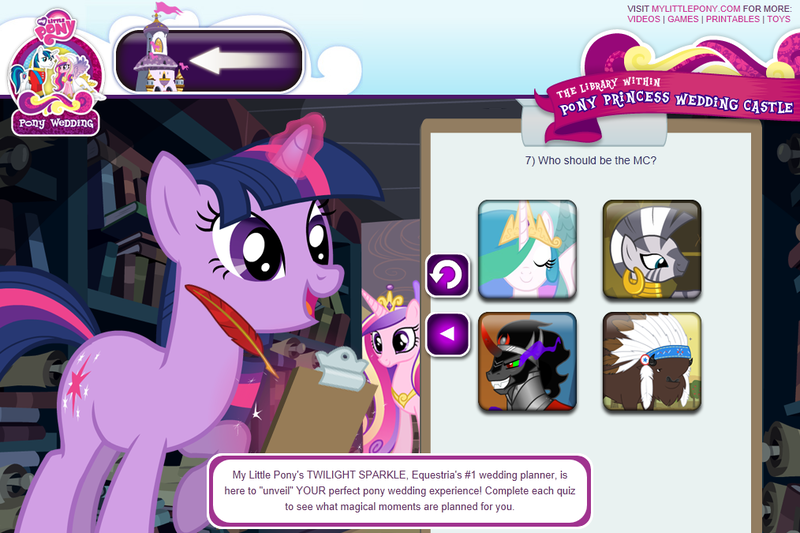 Size: 1014x675 | Tagged: safe, derpibooru import, official, screencap, chief thunderhooves, king sombra, princess cadance, princess celestia, shining armor, twilight sparkle, zecora, buffalo, unicorn, zebra, spoiler:s03, clipboard, hasbro, library, my little pony logo, pony wedding, question, quill, quiz, royal wedding, unicorn twilight